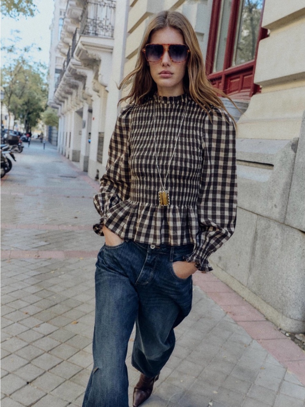 Zara Brown and Black Plaid Smocked Peplum Blouse